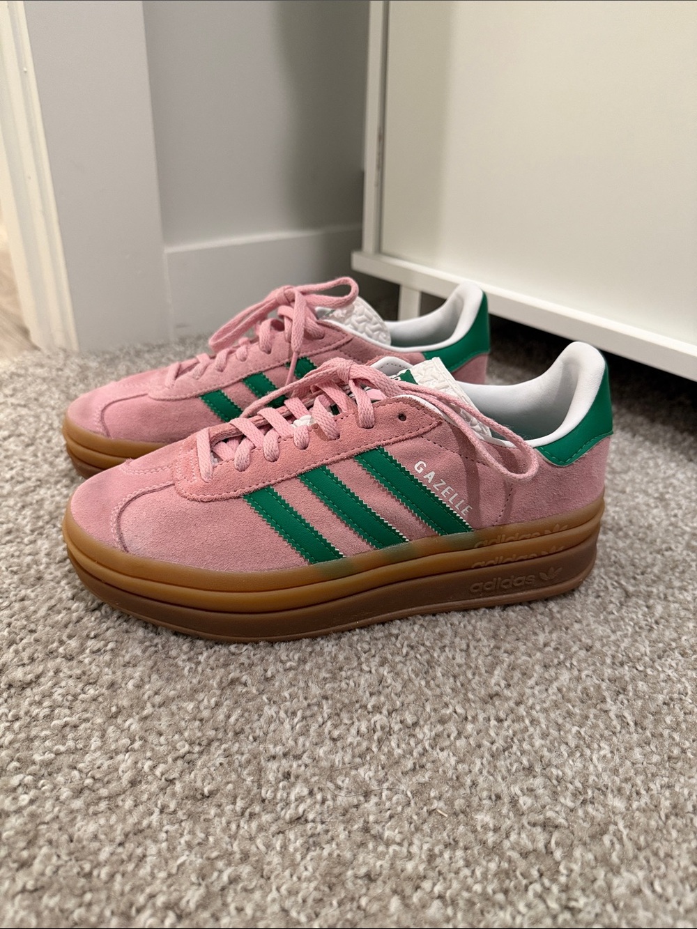 adidas Pink Suede Sneakers with Green Stripes and Gum Sole